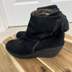 FLY London Yama Black Suede Wedge Ankle Boots Back Tie Booties 40 EU 9 US